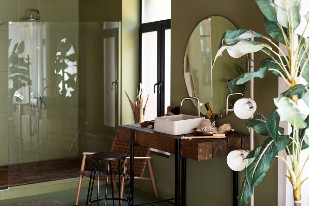 Bathroom interior design for zoom calls with plant