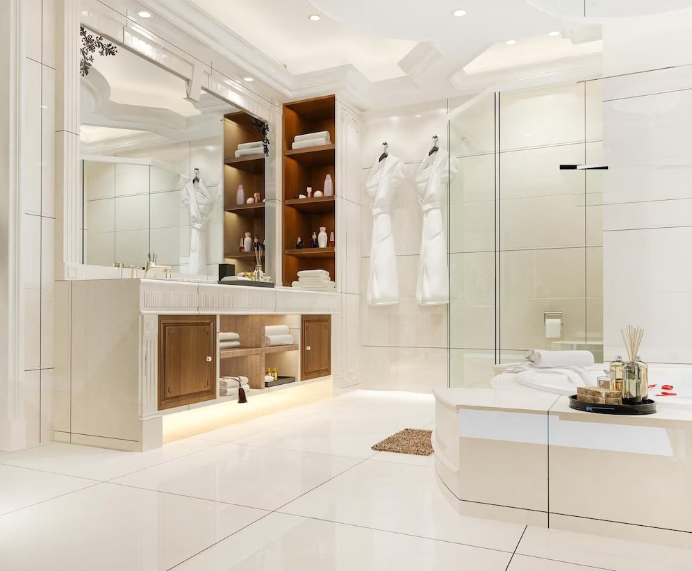3D Rendering Modern Bathroom with Luxury Tile decor